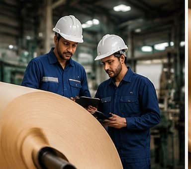 Rusen International production team reviewing a paper roll on the line
